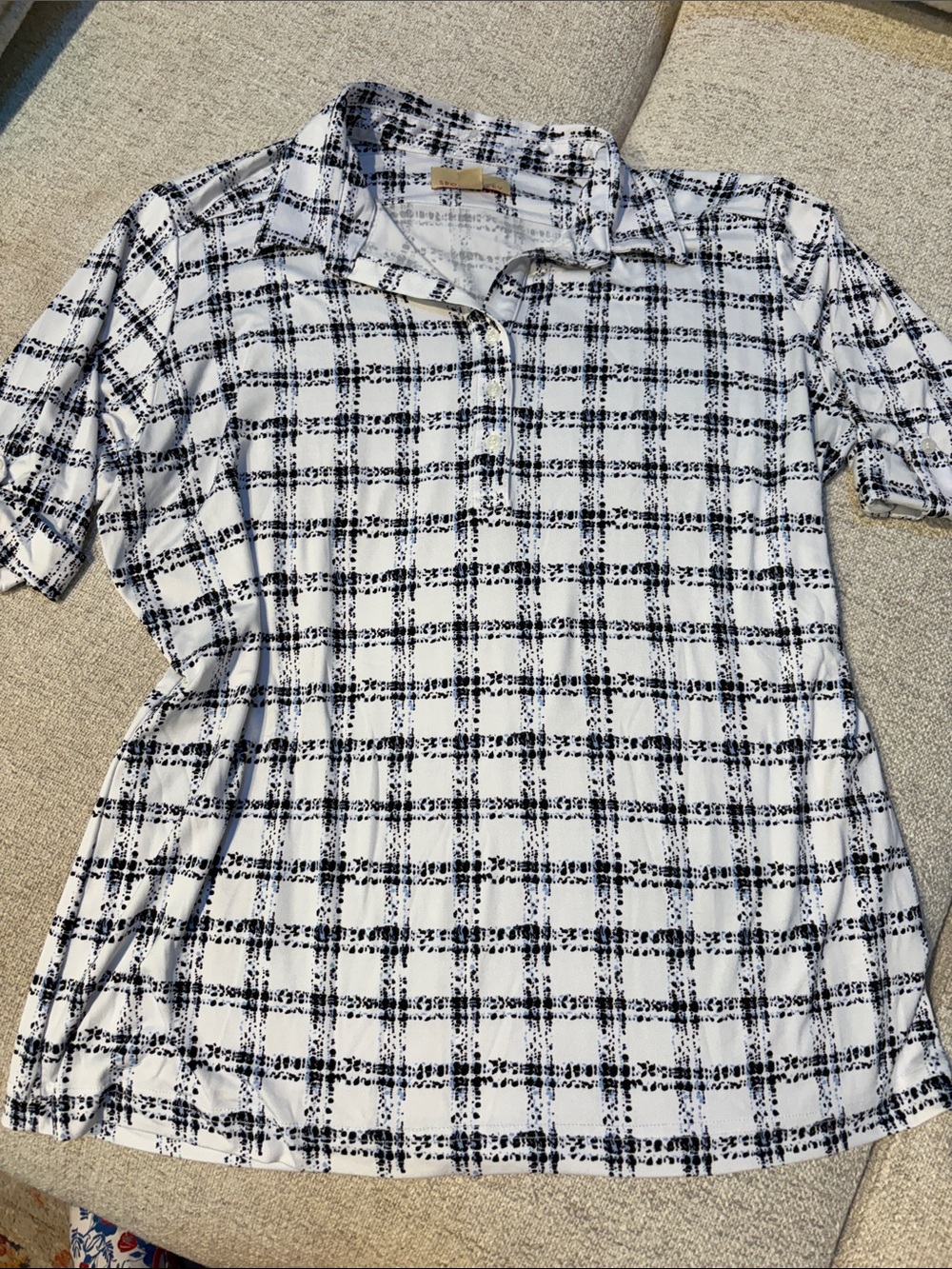 Sport Haley Black and White Plaid Short-Sleeve Button-Front Top